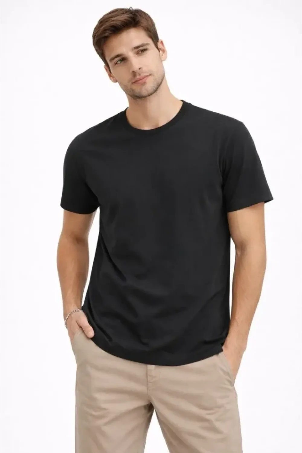 Erkek Bisiklet Yaka Tişört Regular Kalıp Basic Pamuklu Günlük Kullanım T-shirt - Siyah