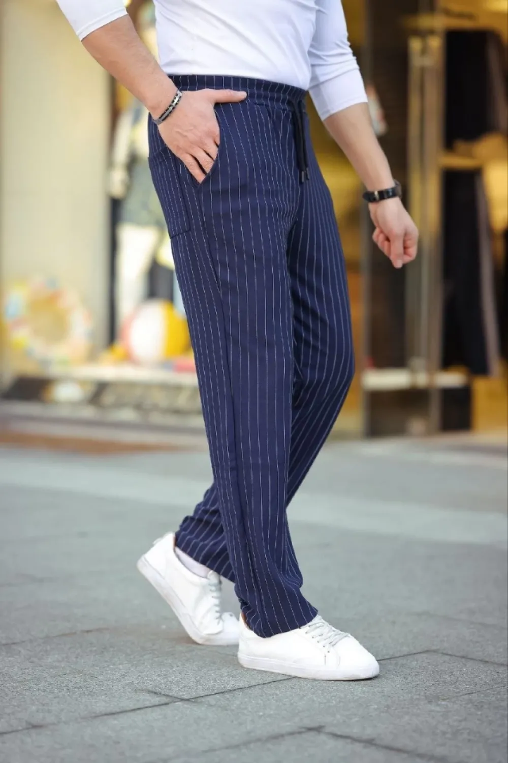 Erkek Cizgili Dokuma Krep Jogger Buggy Pantalon Rahat Kalıp - Lacivert
