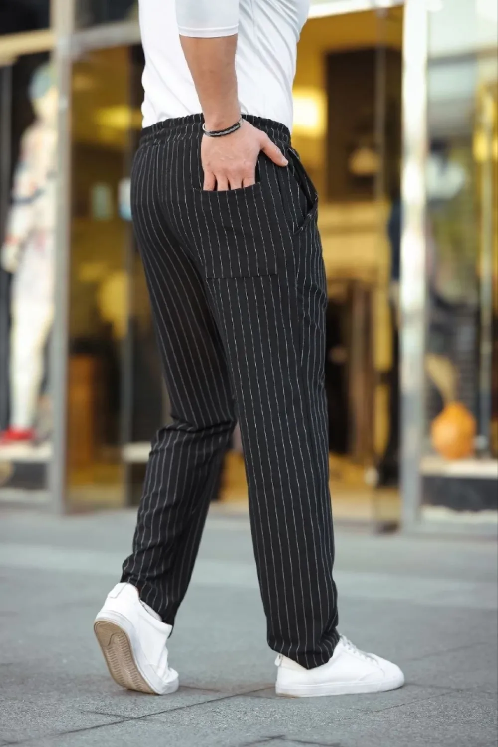Erkek Cizgili Dokuma Krep Jogger Buggy Pantalon Rahat Kalıp - Siyah