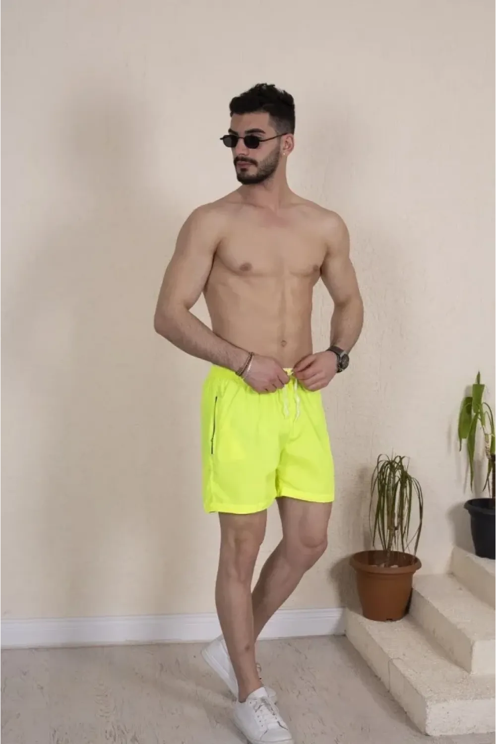Erkek Deniz Şortu Fermuarlı Cepli File Astarlı - Neon Yeşili