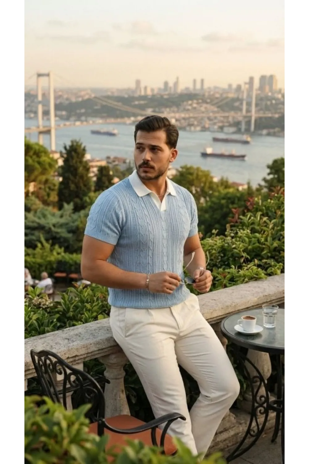 Erkek Desenli Kısa Kollu Triko Tişört - %100 Pamuk Akrilik