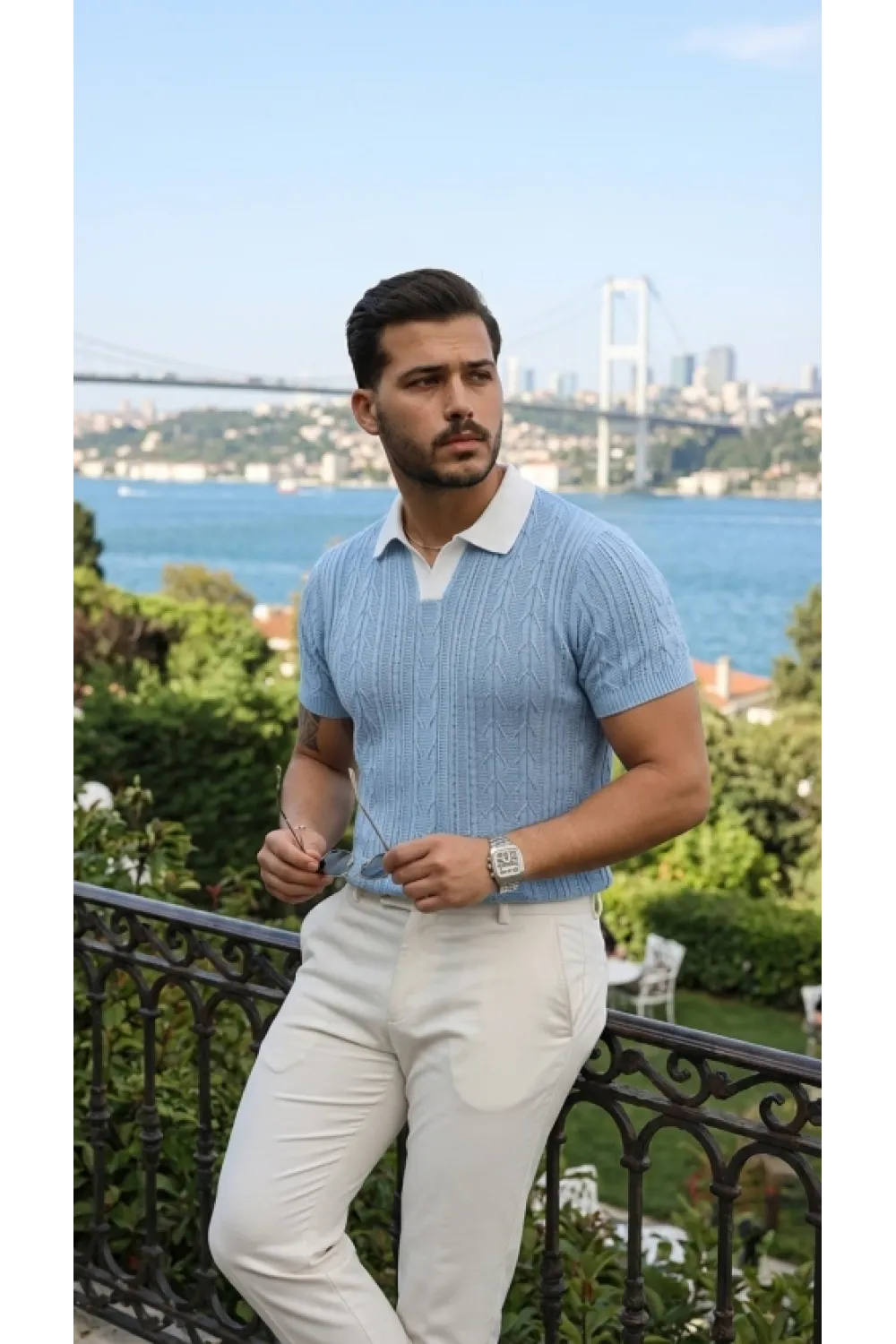 Erkek Desenli Kısa Kollu Triko Tişört - %100 Pamuk Akrilik