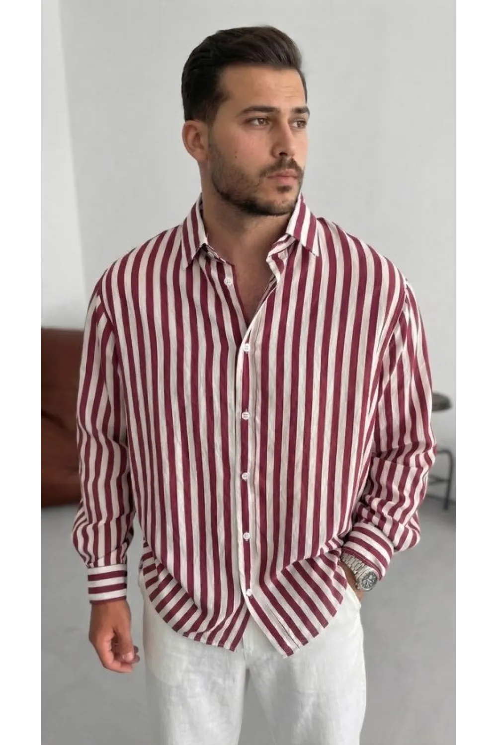 Erkek Dikey Çizgili Yarım Oversize Gömlek