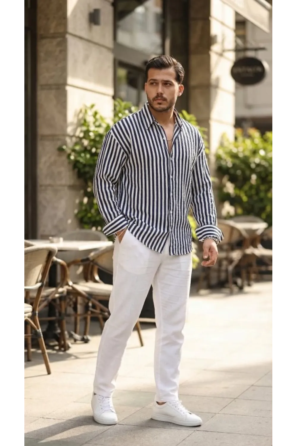 Erkek Dikey Çizgili Yarım Oversize Gömlek