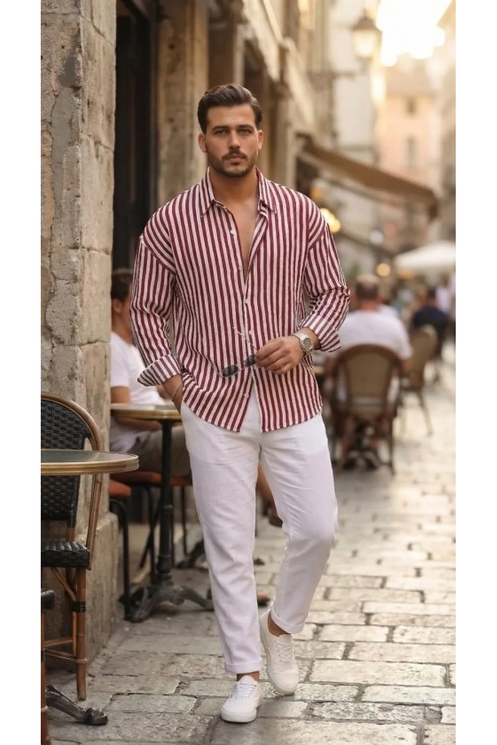 Erkek Dikey Çizgili Yarım Oversize Gömlek