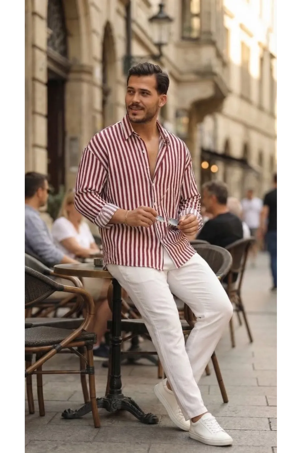 Erkek Dikey Çizgili Yarım Oversize Gömlek