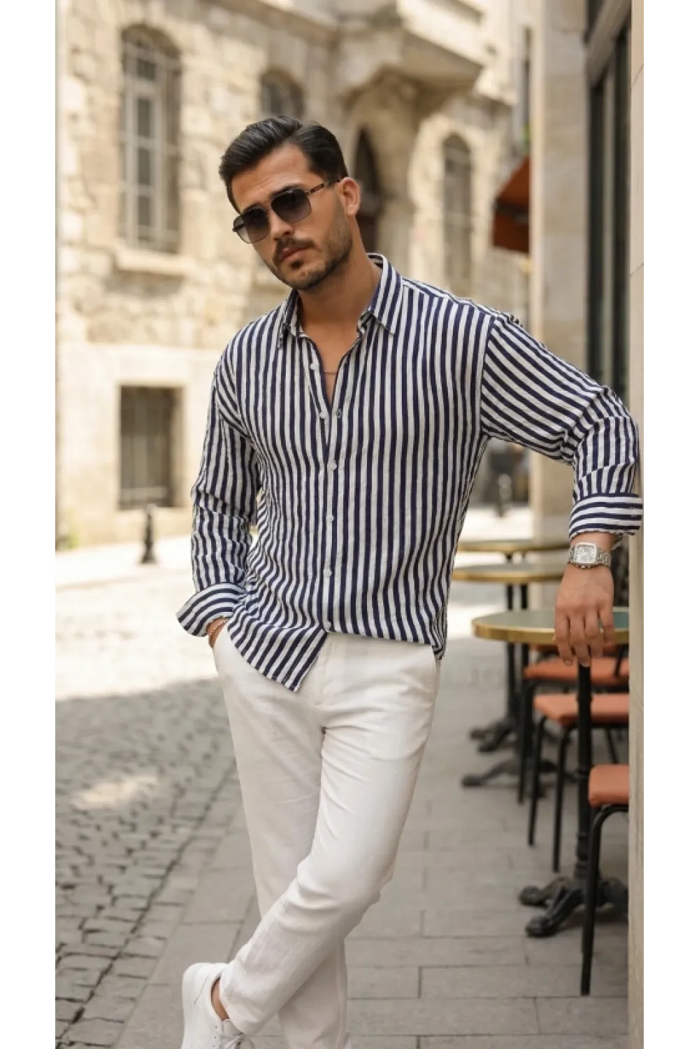 Erkek Dikey Çizgili Yarım Oversize Gömlek