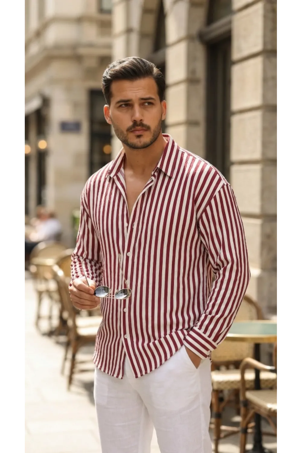 Erkek Dikey Çizgili Yarım Oversize Gömlek