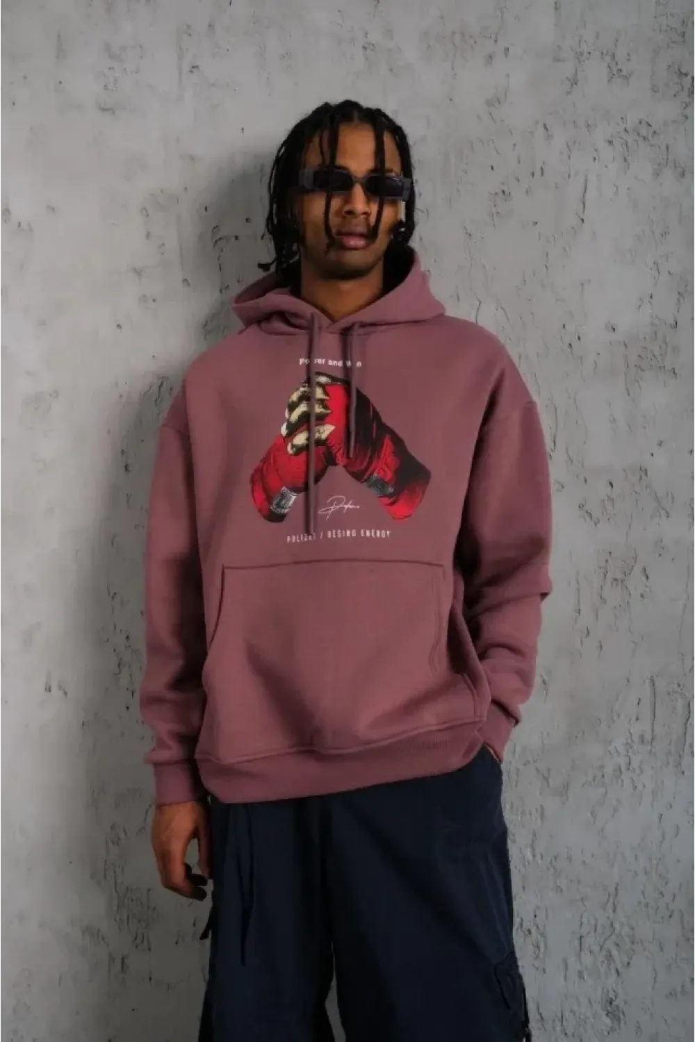 Erkek Eldiven Baskılı Kapüşonlu Sweat - Gül Kurusu