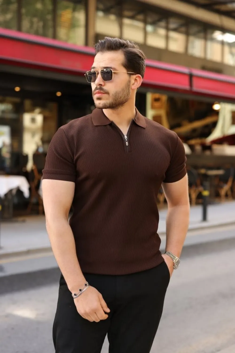 Erkek Fermuarlı Yakalı Kısa Kollu Tshirt