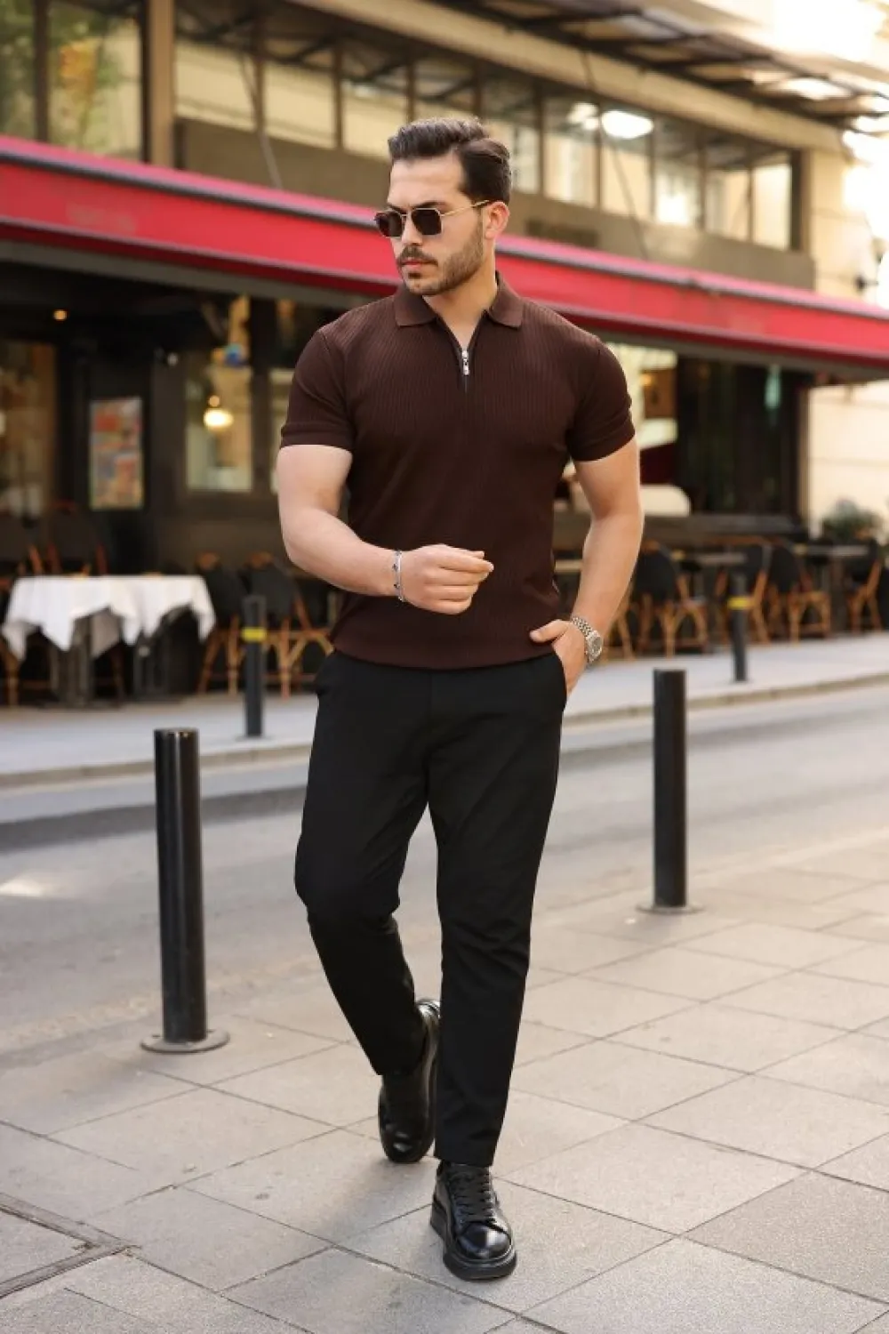 Erkek Fermuarlı Yakalı Kısa Kollu Tshirt