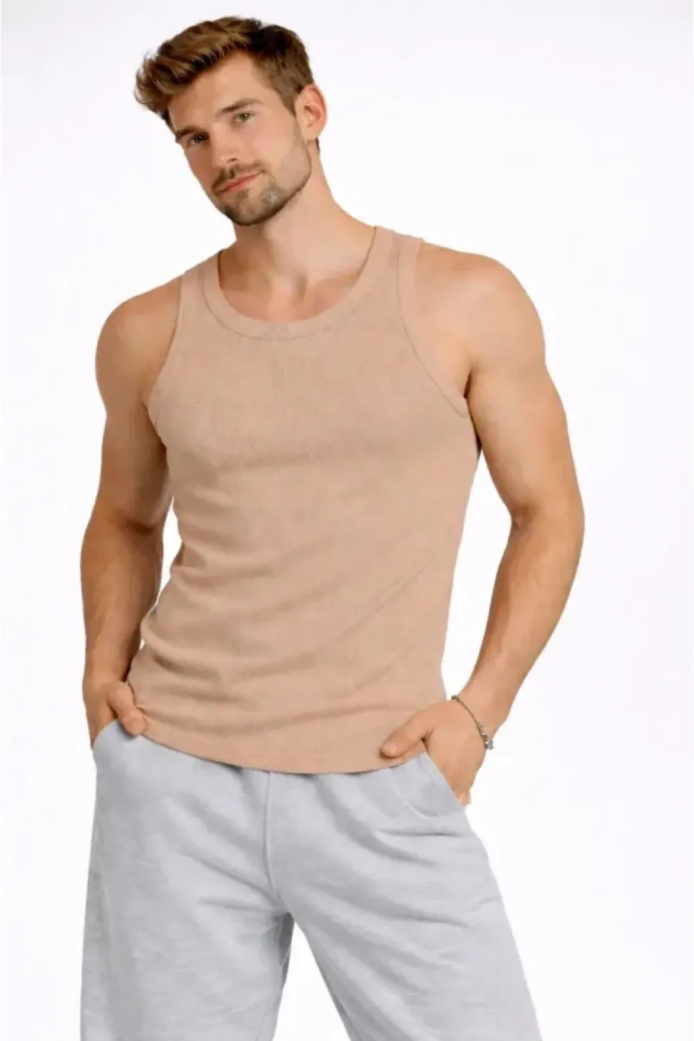 Erkek Fitilli Atlet Sıfır Yaka Slim Fit Arka Baskılı Spor Atlet - Bej