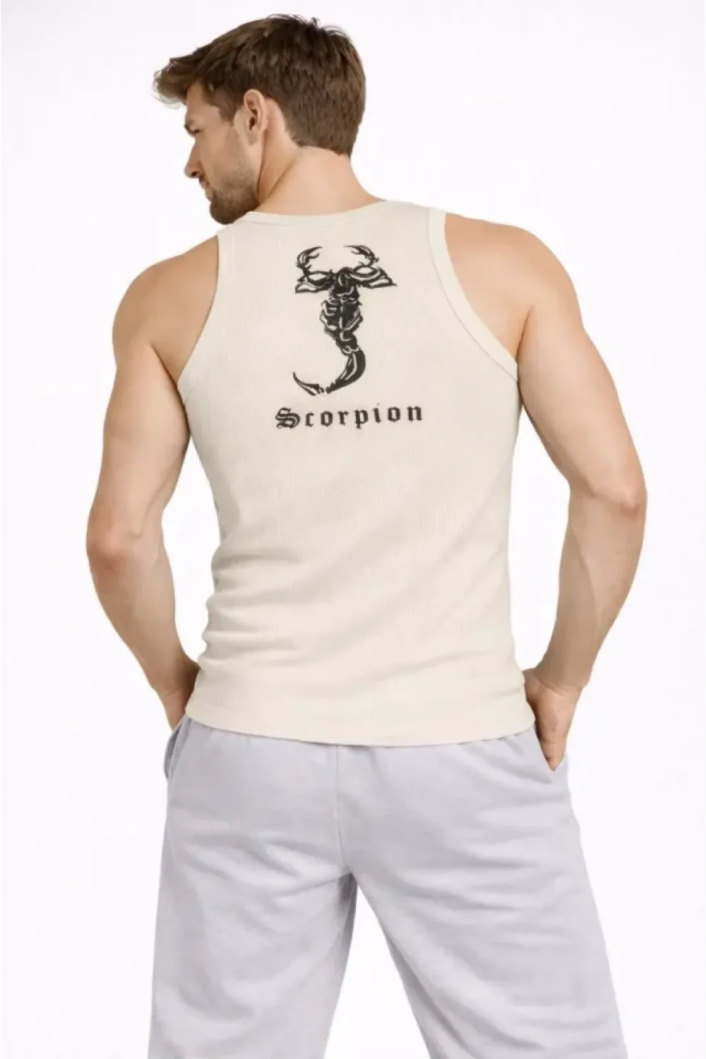 Erkek Fitilli Atlet Sıfır Yaka Slim Fit Arka Baskılı Spor Atlet - Krem
