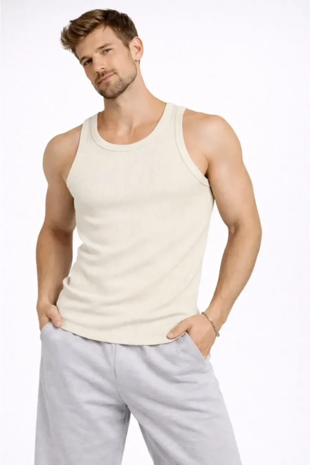 Erkek Fitilli Atlet Sıfır Yaka Slim Fit Arka Baskılı Spor Atlet - Krem