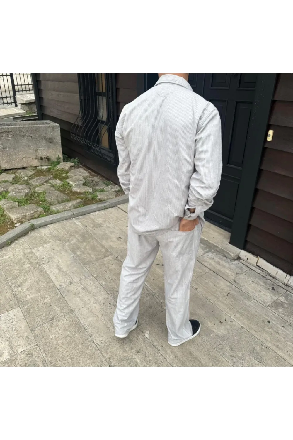 Erkek Fitilli Kadife Cepli Buggy Pantolon Oversize Rahat Kalıp - Gri