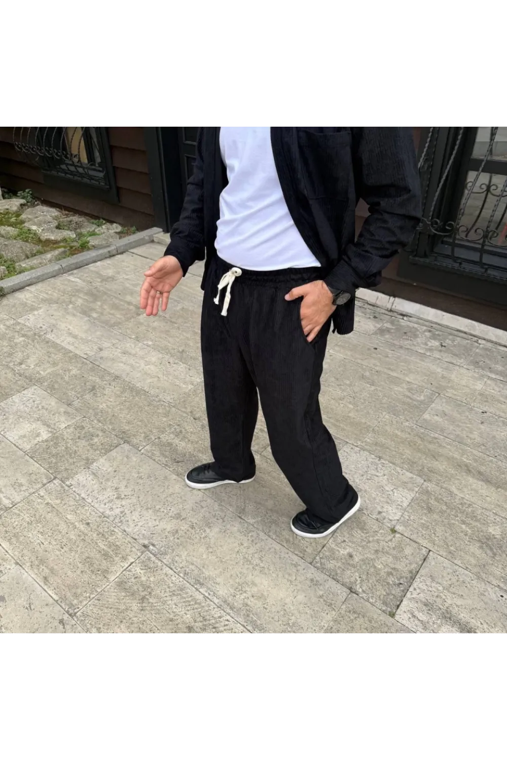 Erkek Fitilli Kadife Cepli Buggy Pantolon Oversize Rahat Kalıp - Siyah