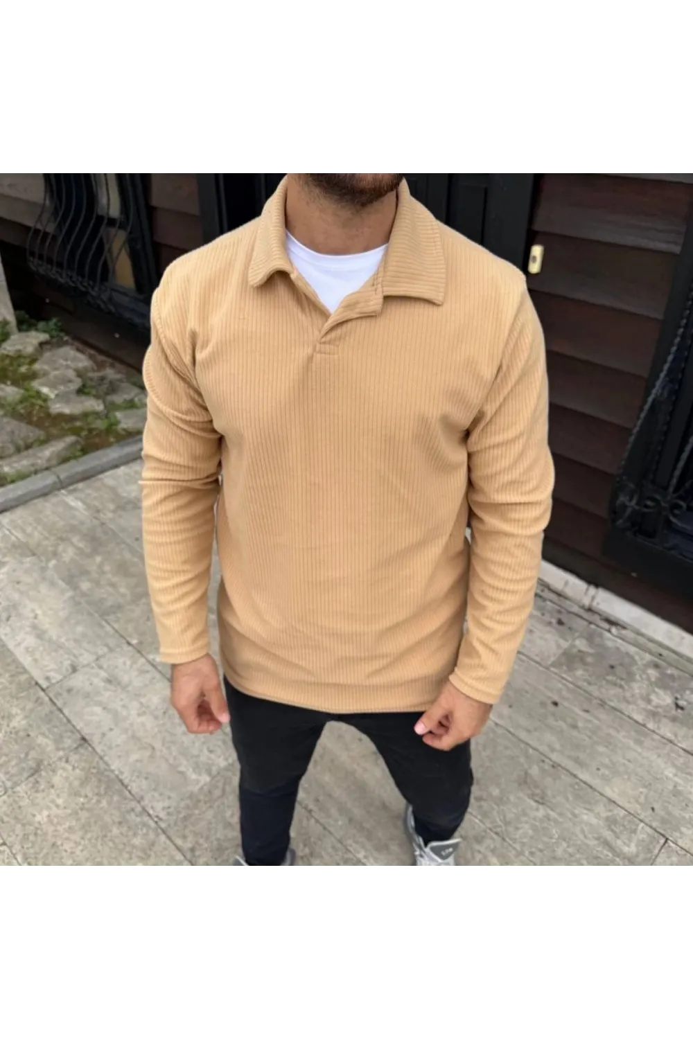 Erkek Fitilli Polar Sweatshirt Düğmesiz Yaka Oversize - Bej