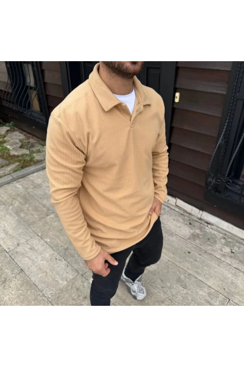 Erkek Fitilli Polar Sweatshirt Düğmesiz Yaka Oversize - Bej