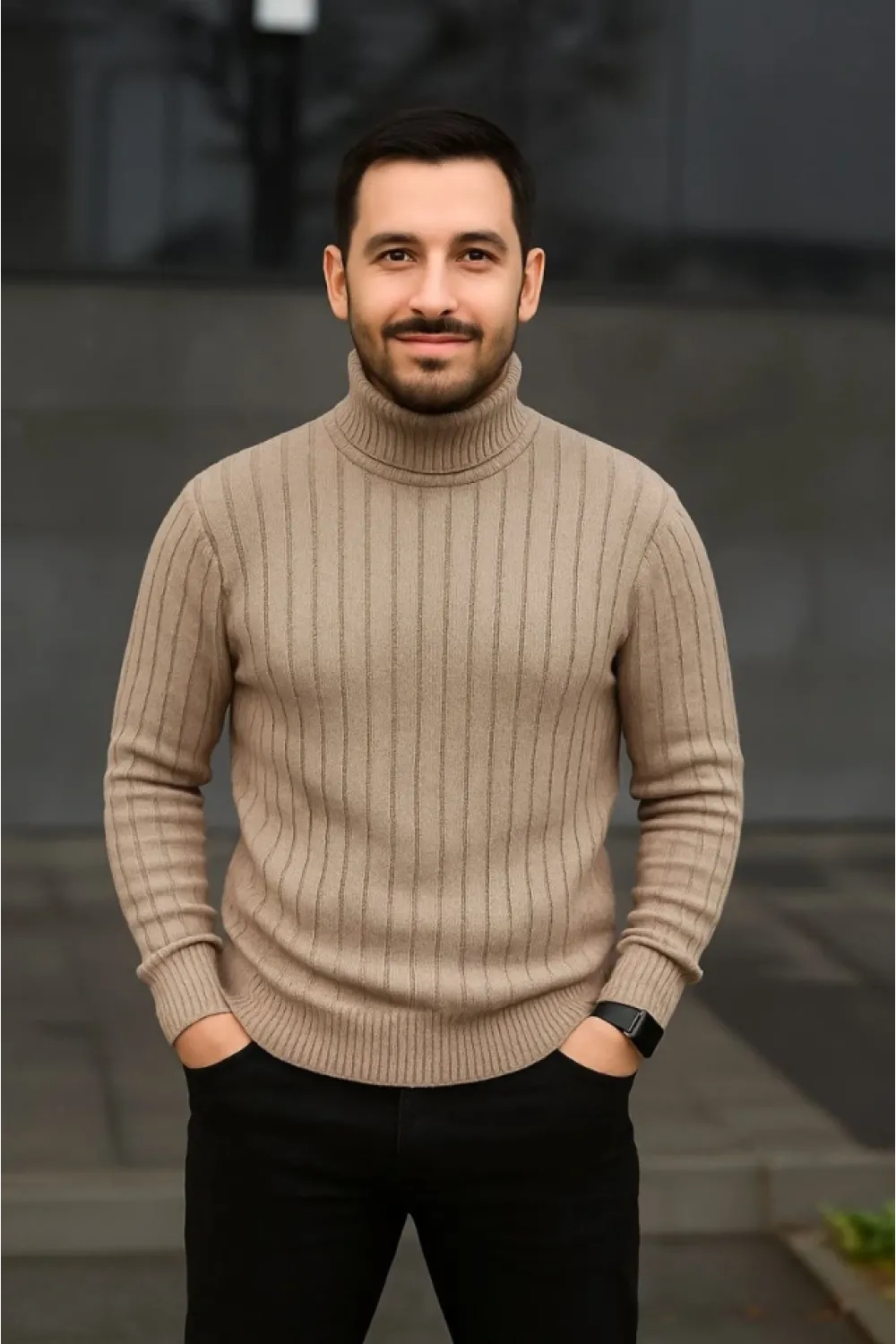 Erkek Fitilli Triko Kazak 2li Set Bej Siyah Regular Balıkcı Yaka Tam Boğazlı Triko Seti Modeli Kazak