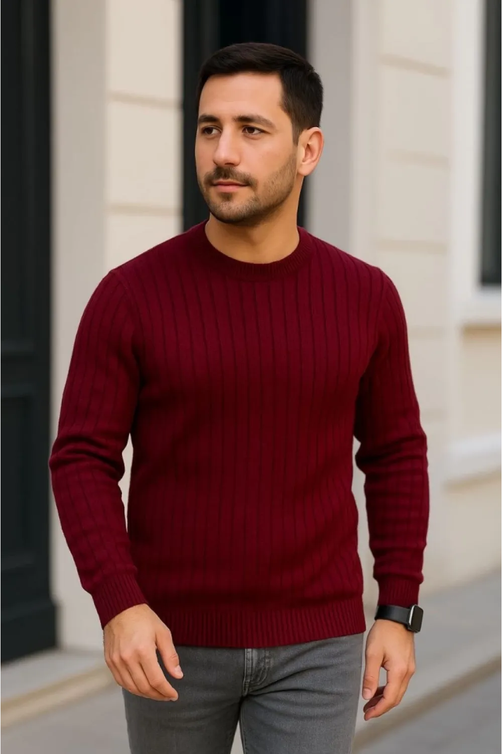Erkek Fitilli Triko Kazak 2’li Set – Siyah - Bordo, Kalın Dokuma Pamuklu Regular Fit Bisiklet Yaka Uzun Kollu Rahat Kışlık Kazak Kombini