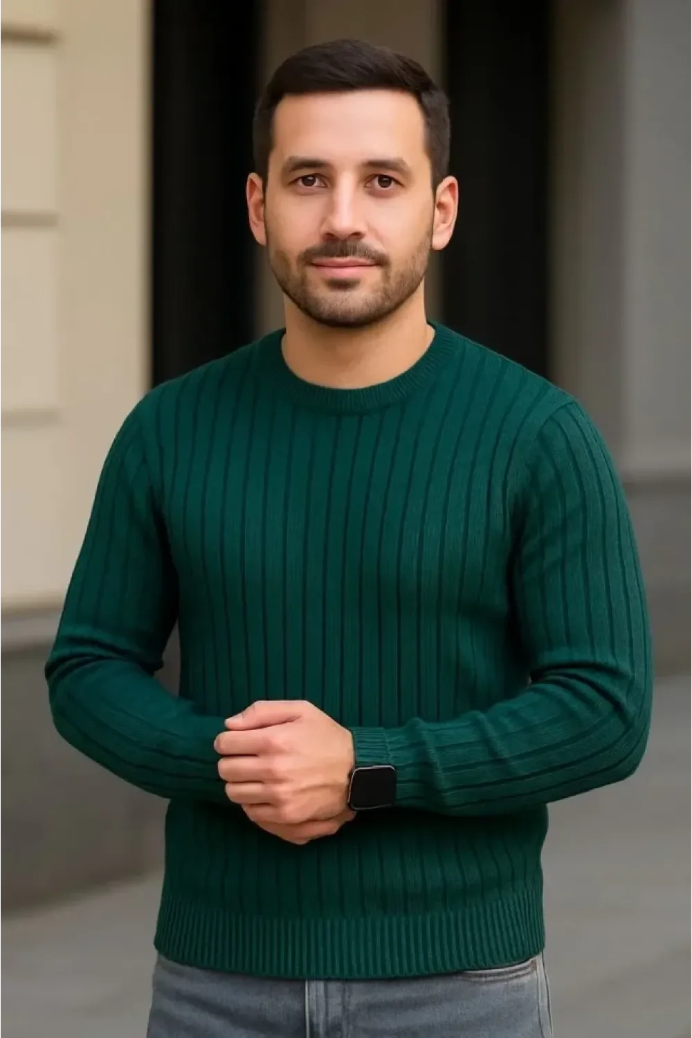 Erkek Fitilli Triko Kazak 2’li Set Siyah Haki Kalın Dokuma Pamuklu Regular Fit Bisiklet