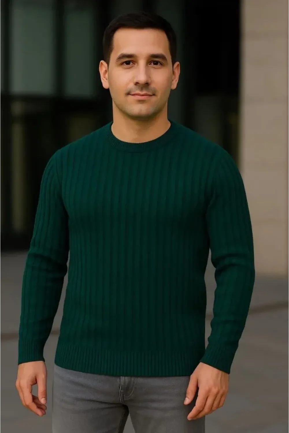 Erkek Fitilli Triko Kazak 2’li Set Siyah Haki Kalın Dokuma Pamuklu Regular Fit Bisiklet