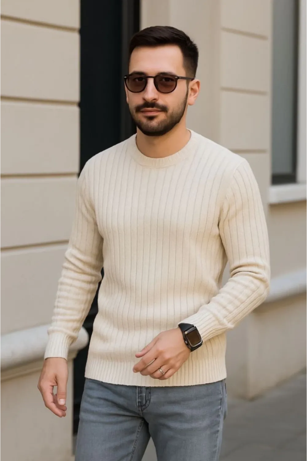 Erkek Fitilli Triko Kazak 3’lü Set – Bej, Bebek Mavisi, SiyahKalın Dokuma Pamuklu Regular Fit Bisiklet Yaka Uzun Kollu Kışlık Ve Baharlık Rahat Triko Kombini
