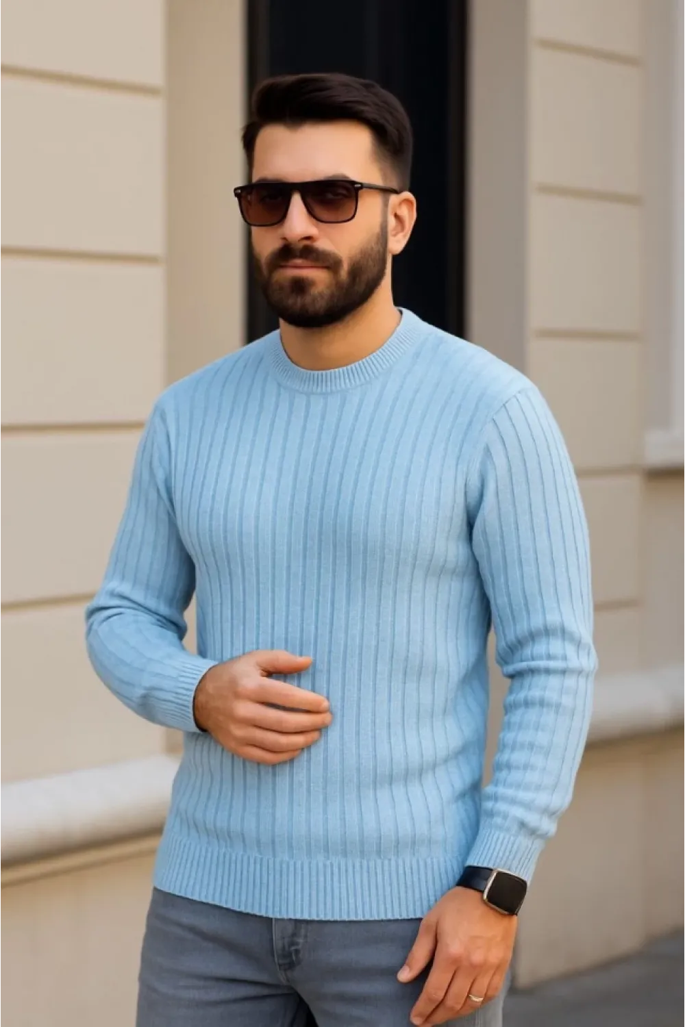 Erkek Fitilli Triko Kazak 3’lü Set – Bej, Bebek Mavisi, SiyahKalın Dokuma Pamuklu Regular Fit Bisiklet Yaka Uzun Kollu Kışlık Ve Baharlık Rahat Triko Kombini