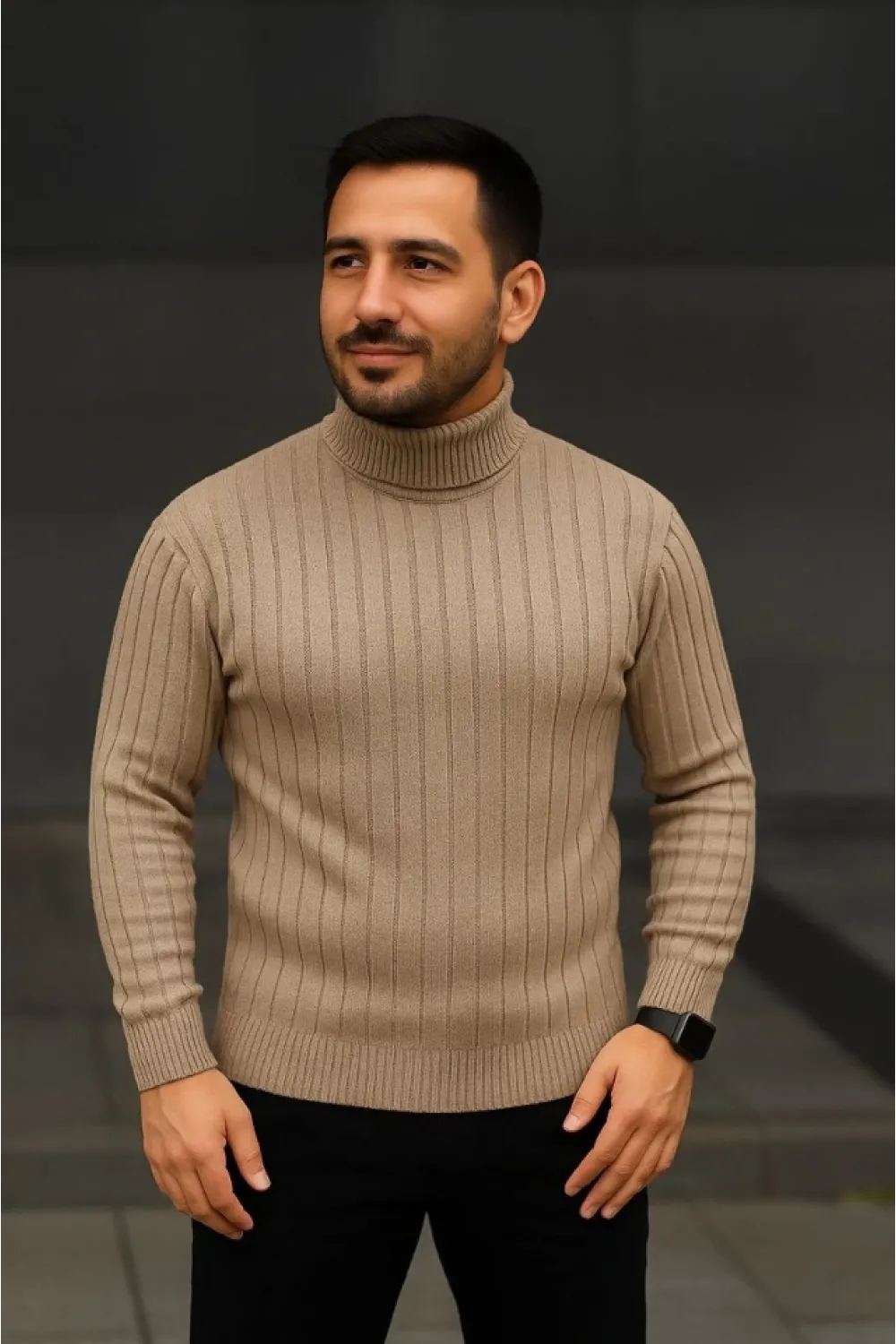Erkek Fitilli Triko Kazak 3lÜ Set Bej Haki Siyah Regular Balıkcı Yaka Tam Boğazlı Triko Seti Modeli Kazak