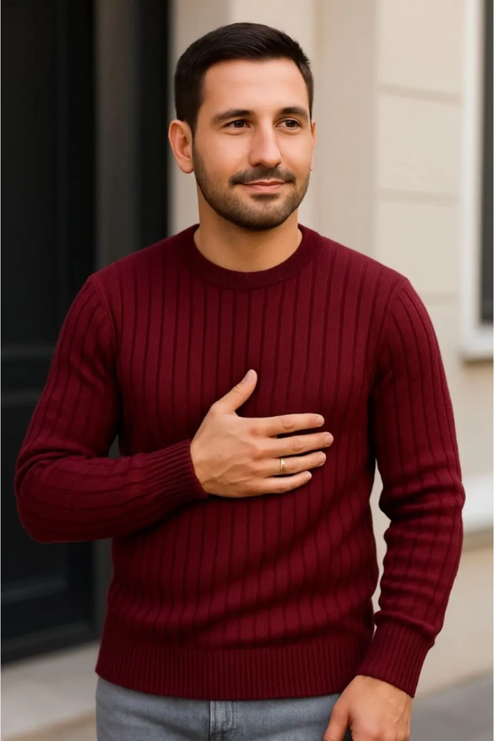 Erkek Fitilli Triko Kazak 3lü Set Beyaz Bordo Siyah Regular Fit Bisiklet Yaka Triko Seti