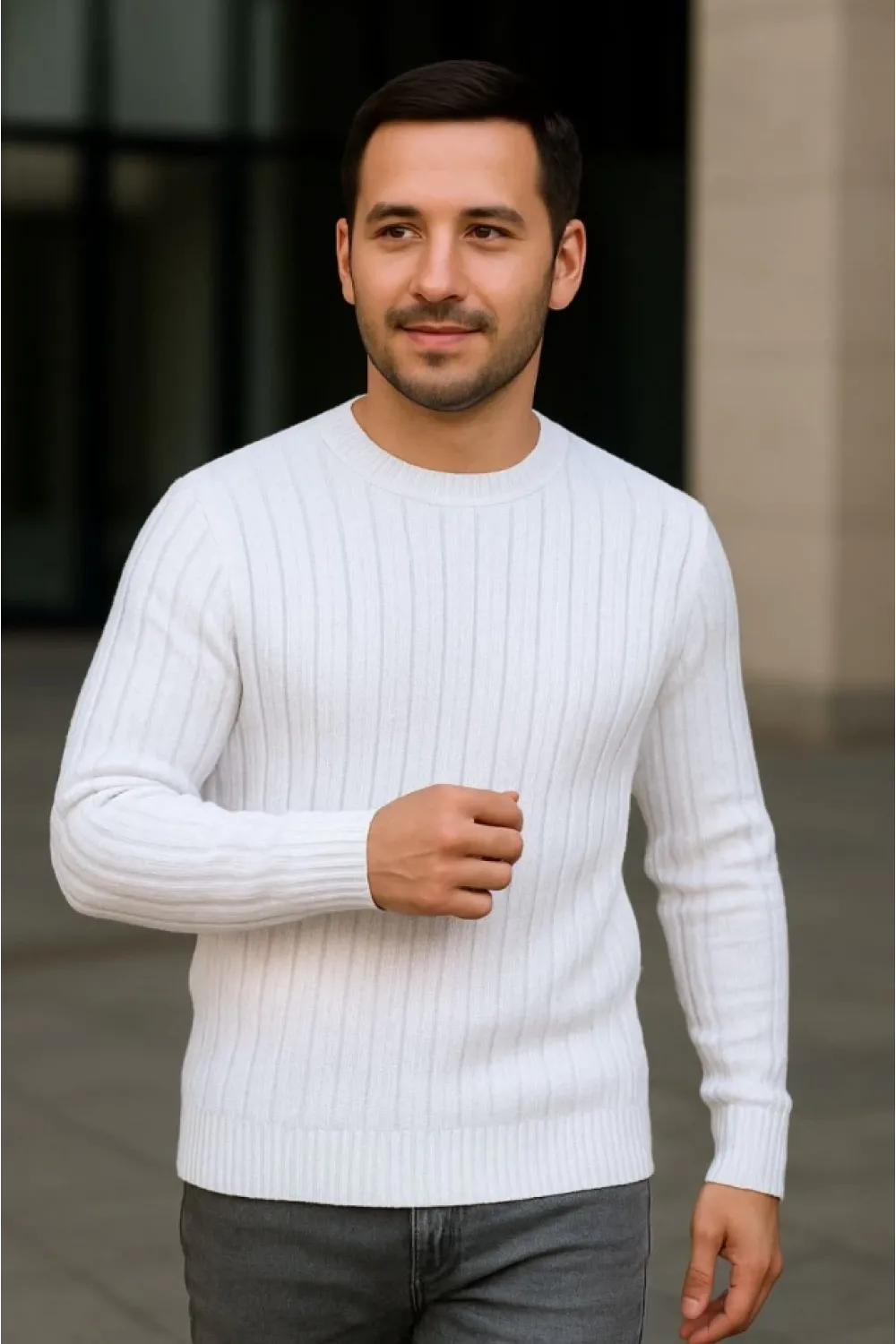 Erkek Fitilli Triko Kazak 3lü Set Beyaz Bordo Siyah Regular Fit Bisiklet Yaka Triko Seti