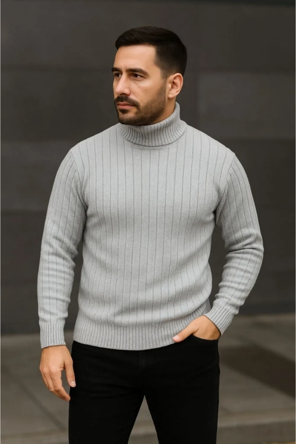 Erkek Fitilli Triko Kazak 3lÜ Set Gri Haki Siyah Regular Balıkcı Yaka Tam Boğazlı Triko Seti Modeli Kazak