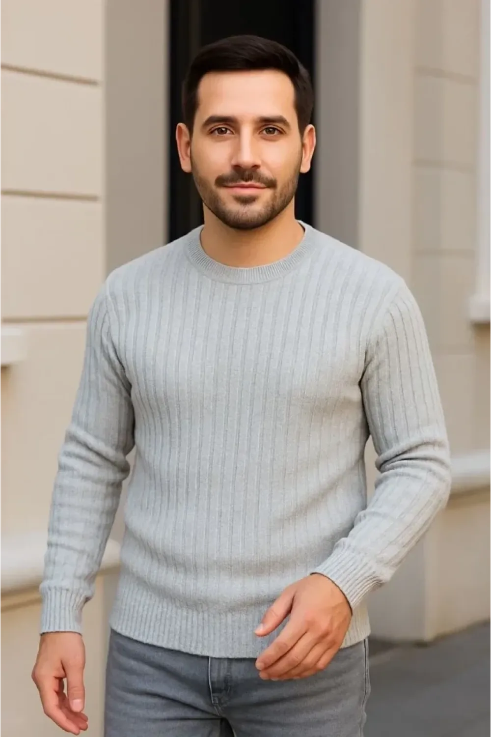 Erkek Fitilli Triko Kazak 3lü Set Gri Haki Siyah Regular Fit Bisiklet Yaka Triko Seti Modeli Kazak