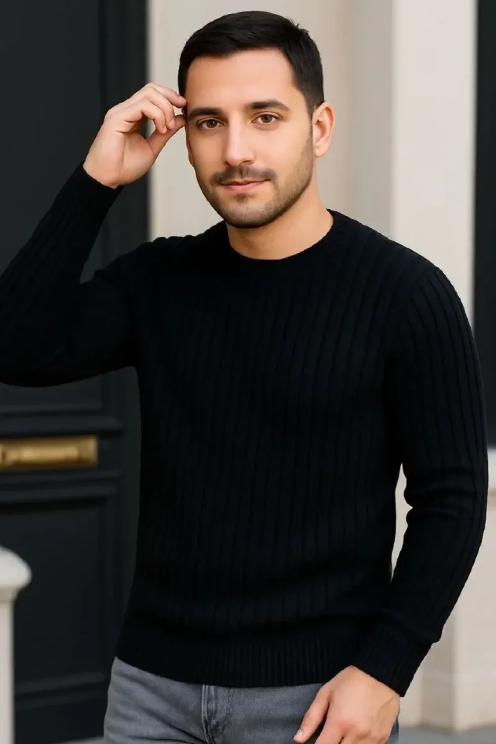 Erkek Fitilli Triko Kazak 3lü Set Gri Haki Siyah Regular Fit Bisiklet Yaka Triko Seti Modeli Kazak
