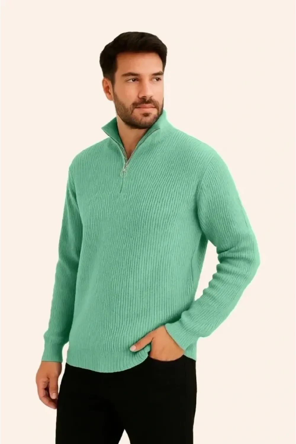 Erkek Fitilli Triko Kazak 3’lü Set – Mint Yeşili, Siyah, Bej Kalın Dokuma Pamuklu Regular Fit V Yaka Fermuarlı Uzun Kollu Rahat Kışlık Kazak Kombini