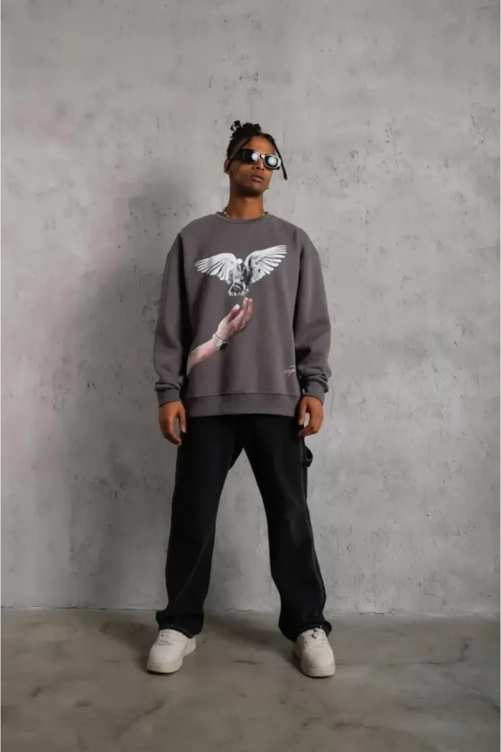 Erkek Güvercin Baskılı Sweatshirt - Gri