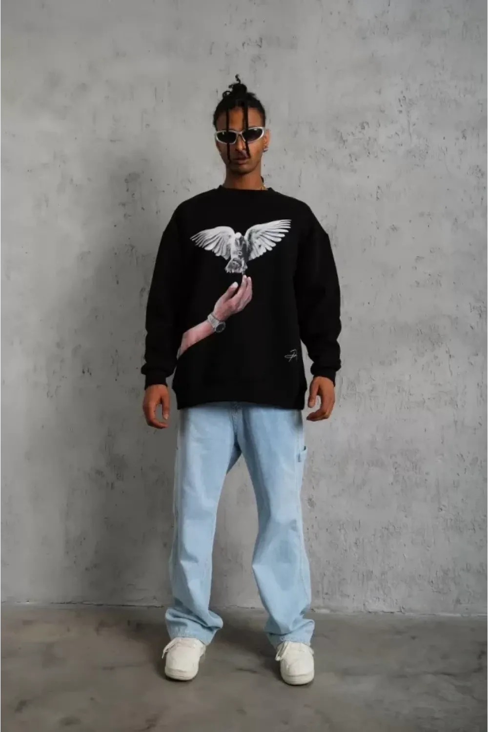 Erkek Güvercin Baskılı Sweatshirt - Siyah