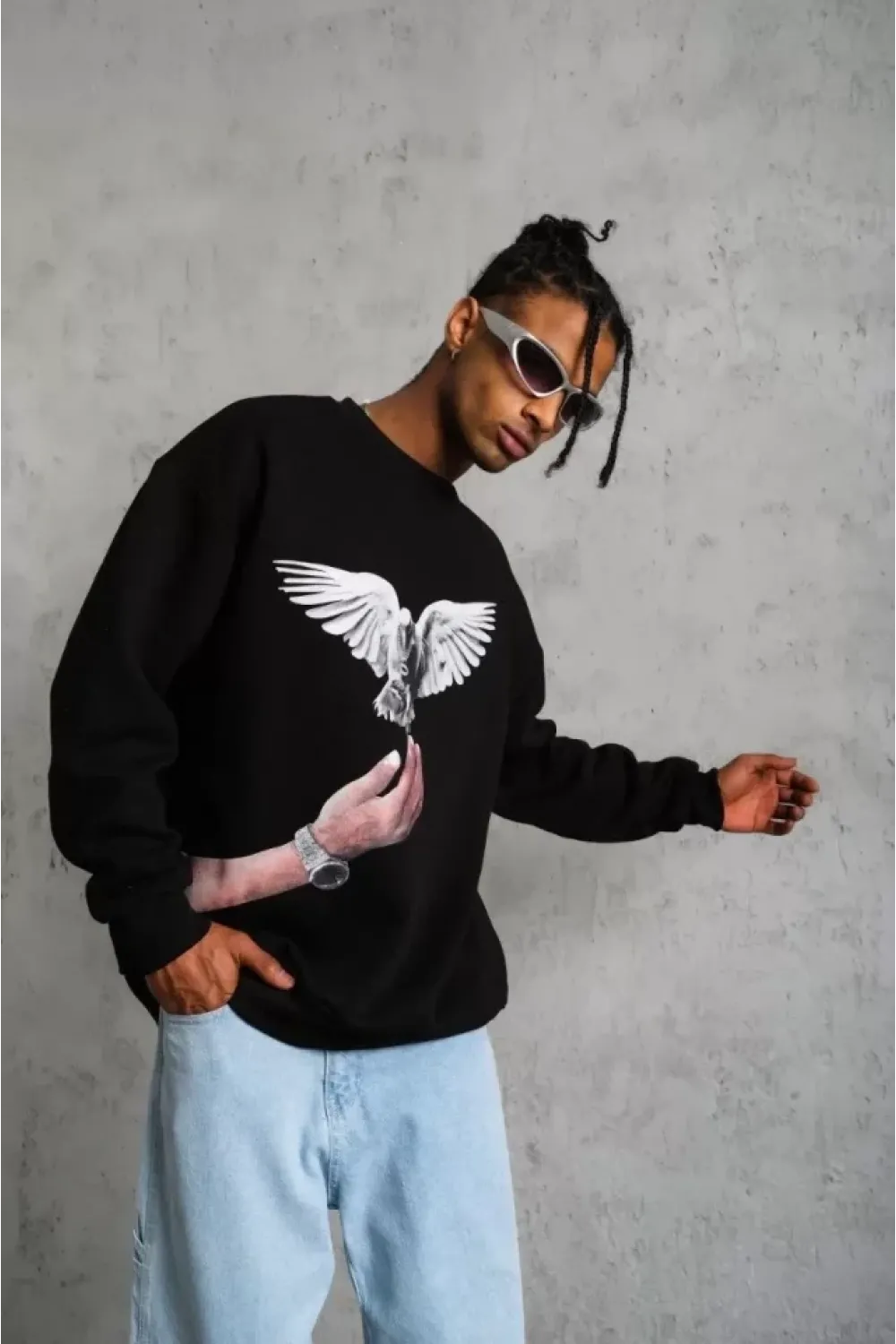 Erkek Güvercin Baskılı Sweatshirt - Siyah
