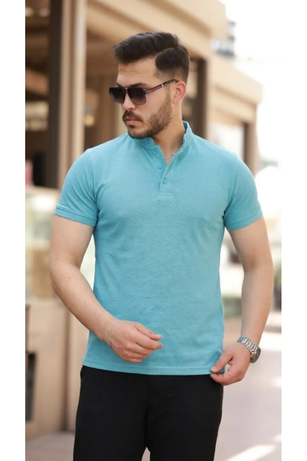 Erkek Hakim Yaka Dokuma Pamuklu Kumaş Kısa Kollu Tişört