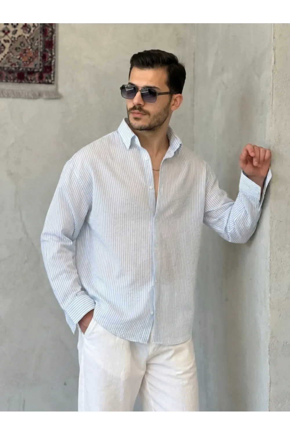 Erkek İnce Çizgili Gofre Kumaş Rahat Kalıp Gömlek