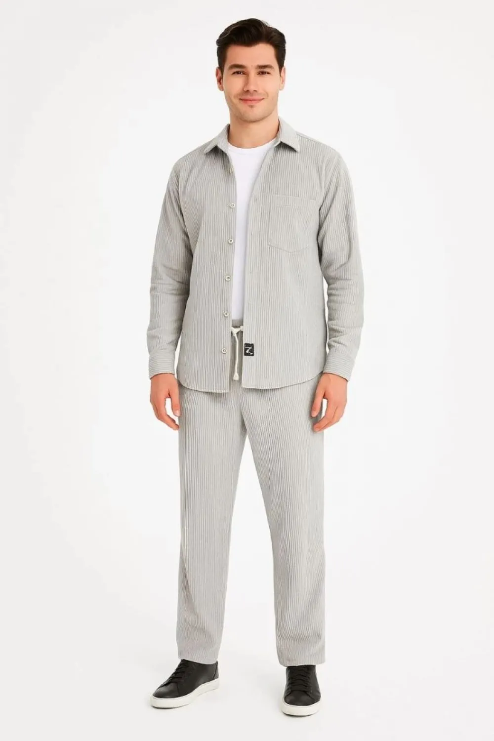 Erkek Kadife Oversize Takım Gömlek Pantolon İkili Set - Gri