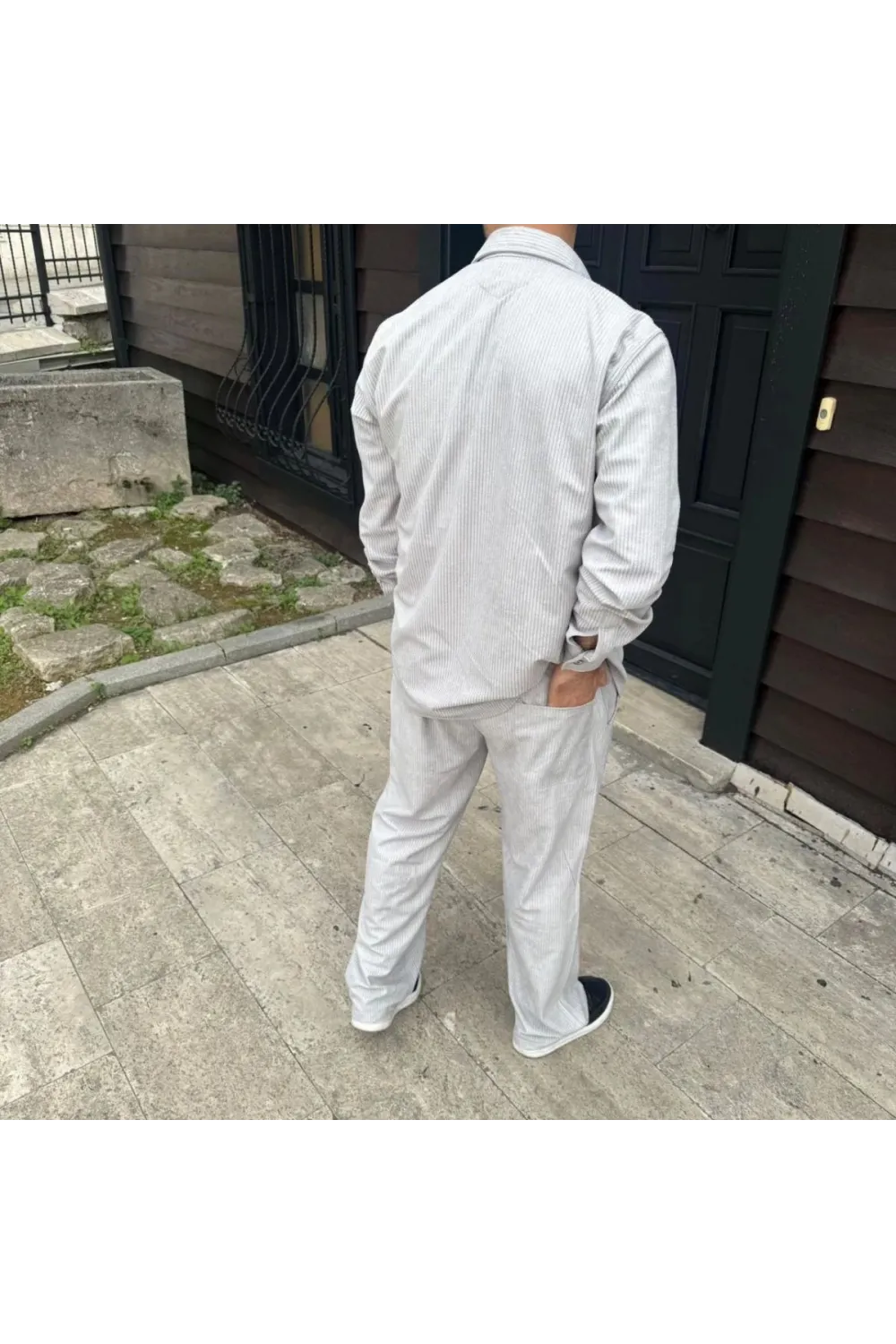 Erkek Kadife Oversize Takım Gömlek Pantolon İkili Set - Gri