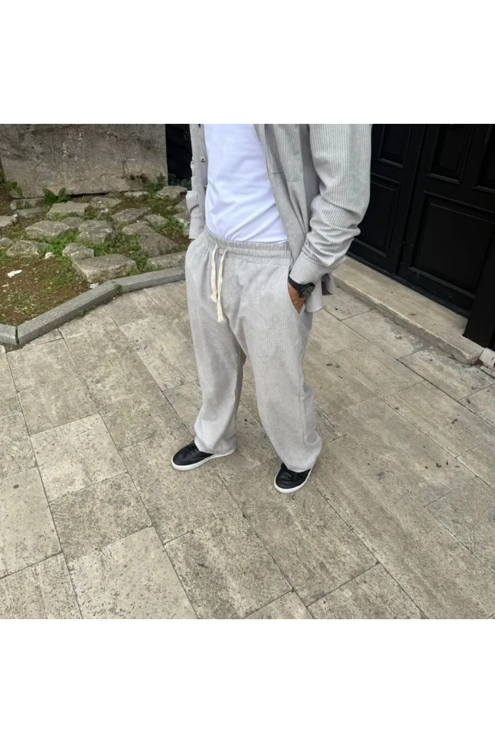 Erkek Kadife Oversize Takım Gömlek Pantolon İkili Set - Gri