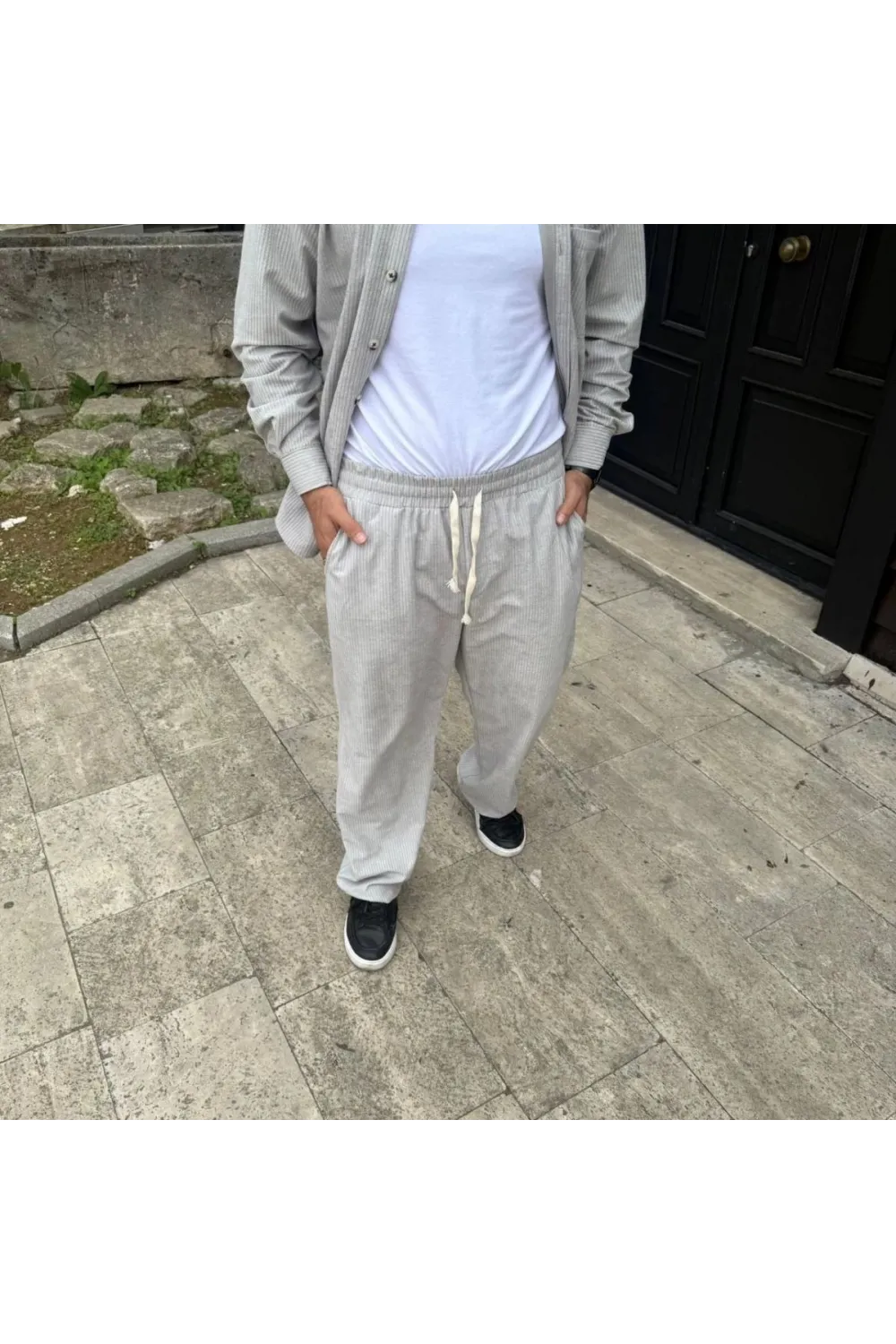 Erkek Kadife Oversize Takım Gömlek Pantolon İkili Set - Gri