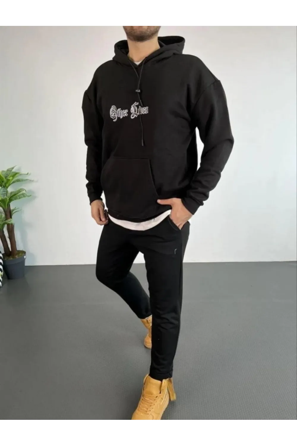 Erkek Kapşonlu Sweatshirt – Oversize Üç İplik Şardonlu Hoodie, “Other Lives” Ön - Arka Baskılı, Kanguru Cepli, Kışlık Rahat Günlük Stil - Siyah