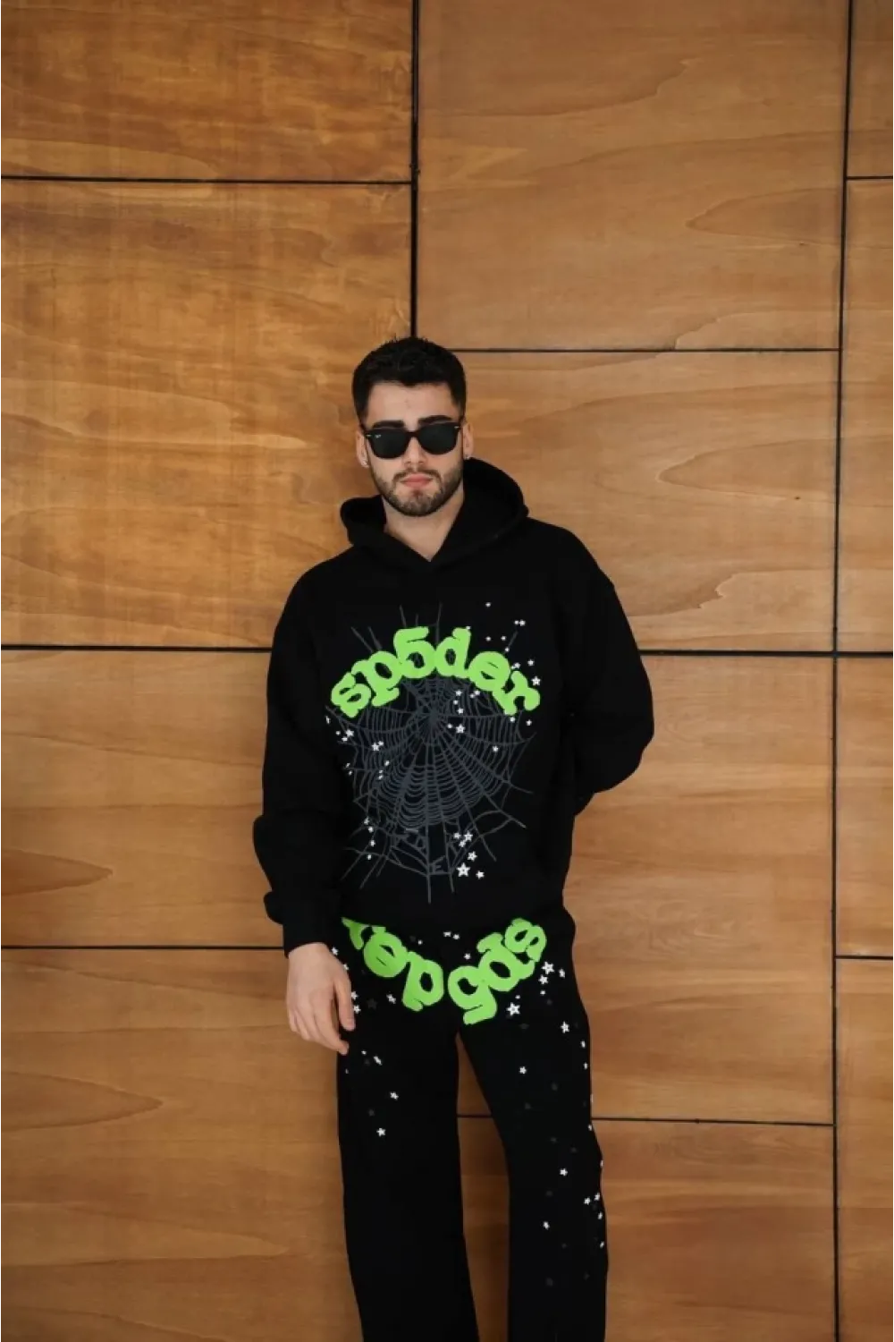 Erkek Kapüşonlu Eşofman Takım Örümcek Ağı Ve Neon Yeşil Baskılı Kanguru Cepli Oversize Rahat Kalıp, Premium Üç İplik Kumaş - Siyah