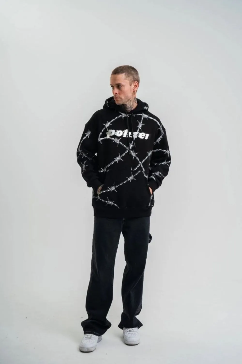 ERKEK Kapüşonlu Varak ve Pano Baskılı Hoodie  SweatShirt- Siyah