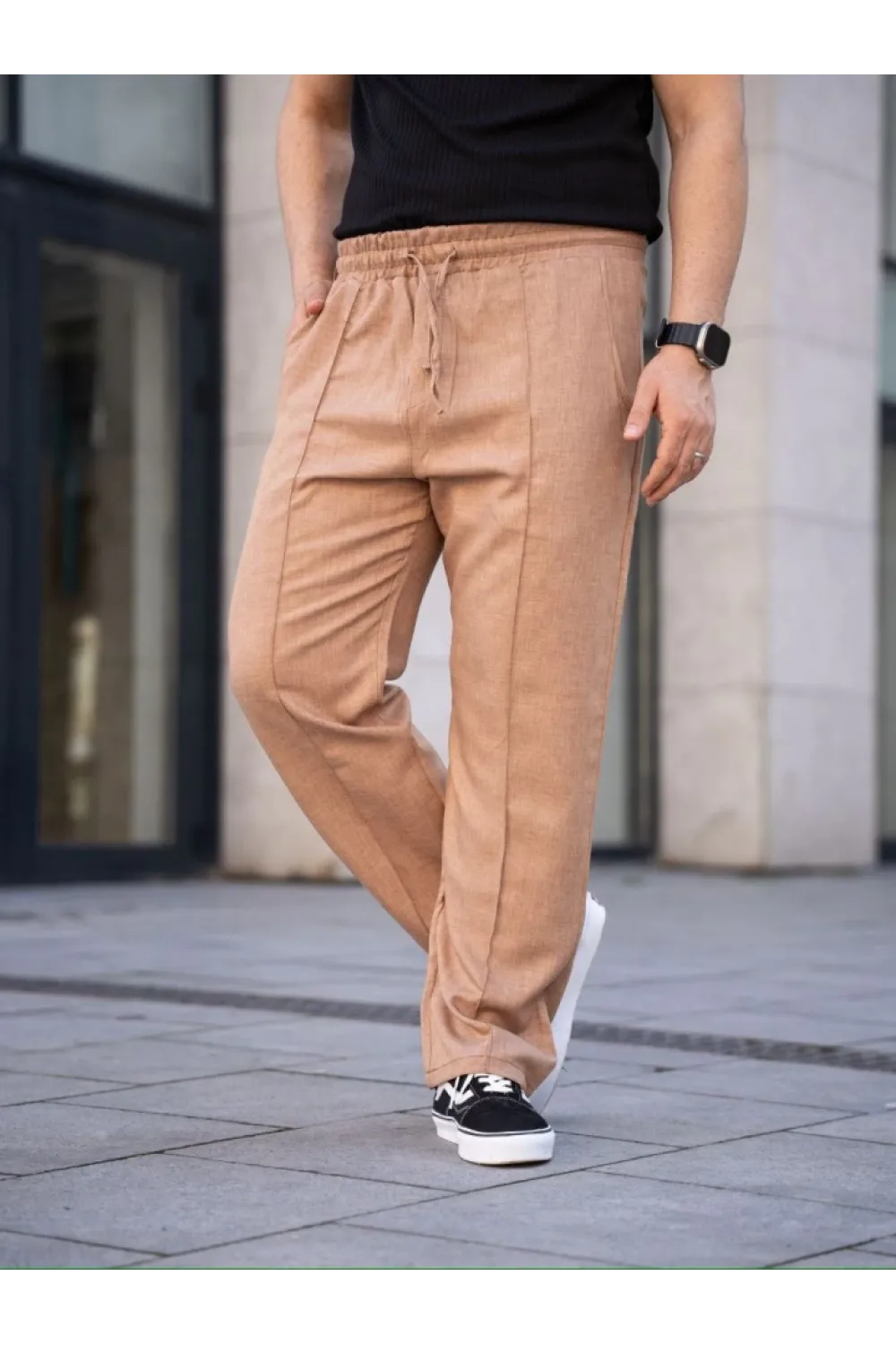 Erkek Keten Cepli Çıma Dikişli Jogger Buggy Pantalon Rahat Kalıp - Kahverengi