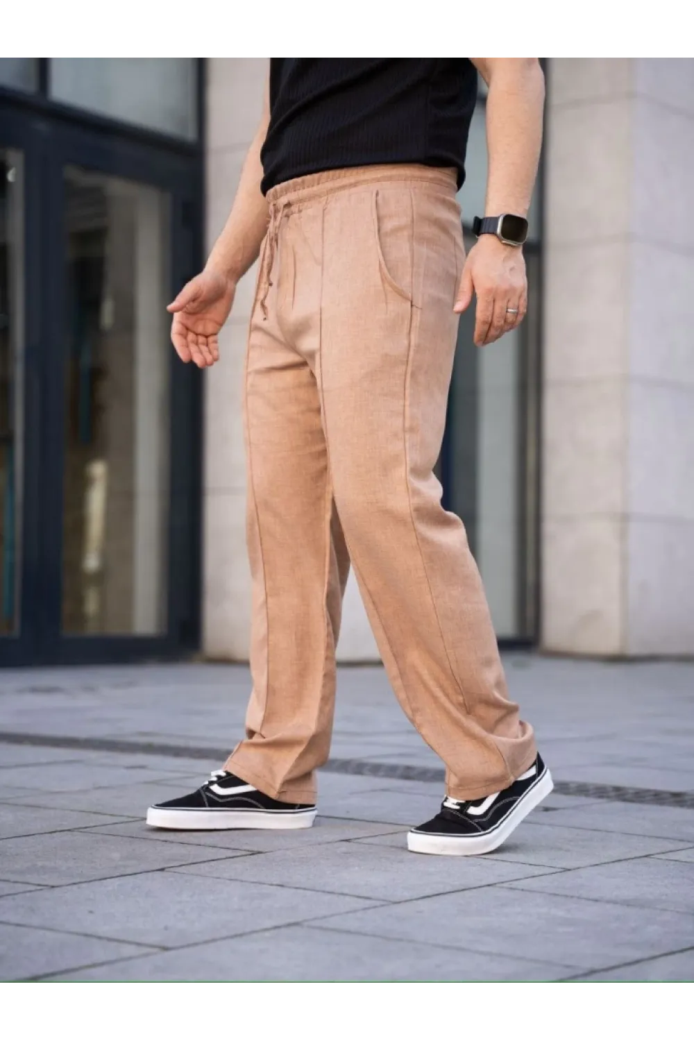 Erkek Keten Cepli Çıma Dikişli Jogger Buggy Pantalon Rahat Kalıp - Kahverengi