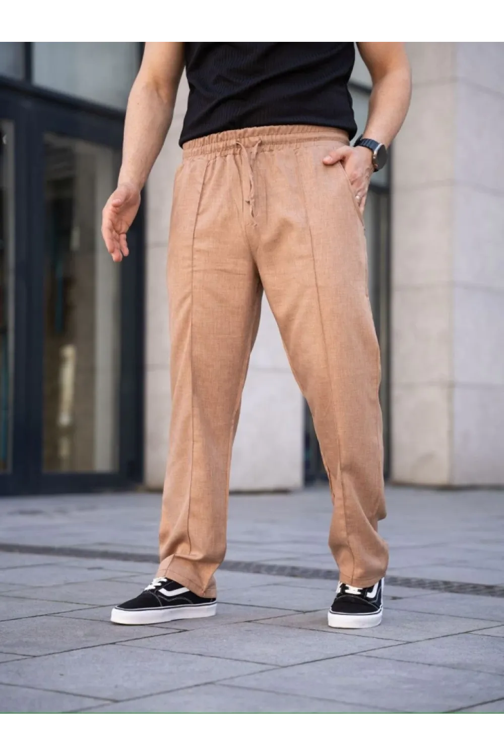 Erkek Keten Cepli Çıma Dikişli Jogger Buggy Pantalon Rahat Kalıp - Kahverengi